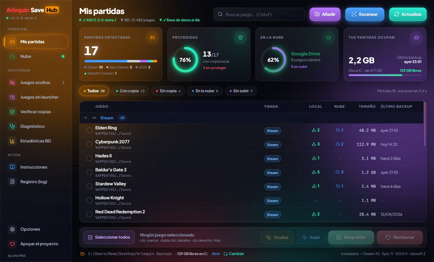 Ventana principal de Arlequin SaveHub 2.0: tarjetas de resumen con anillos de colores y la tabla de juegos agrupada por tienda